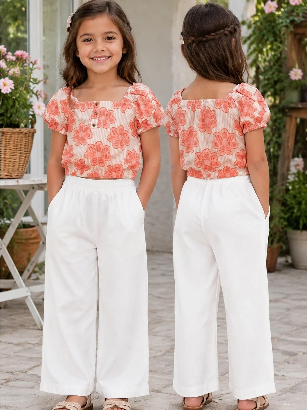 Girls Coral Floral Smocked Top and White Wide-Leg Pants Set